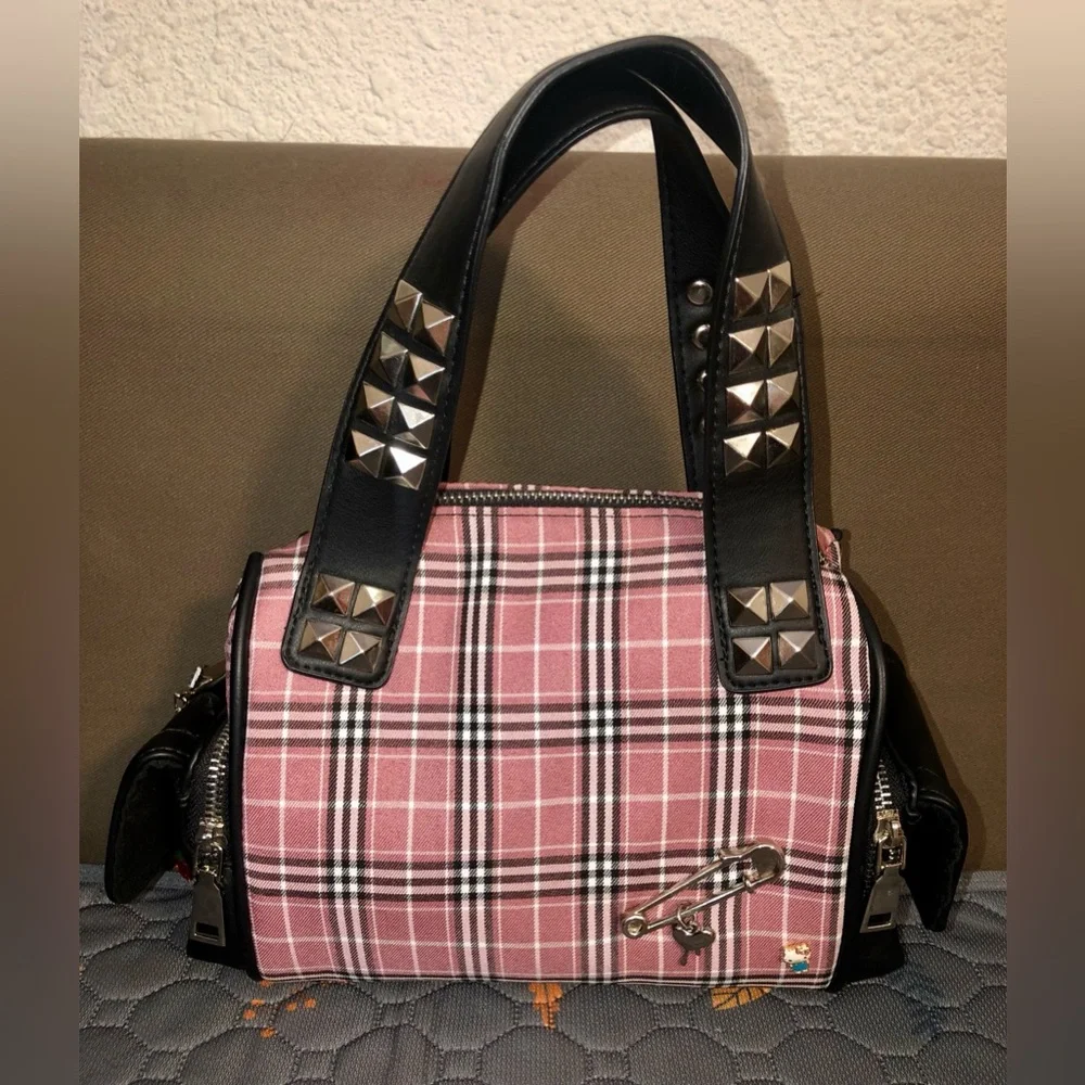 Plaid Pink Stud-Accent Satchel Handbag